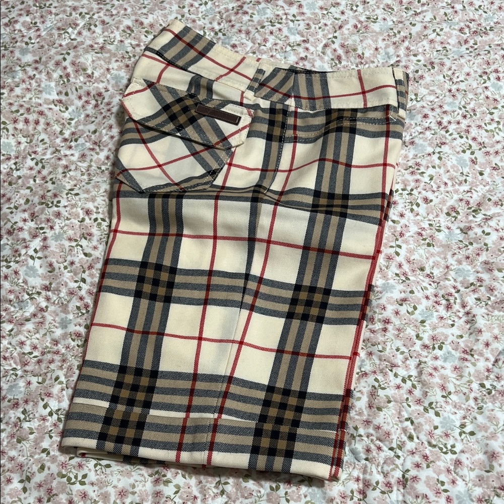 Burberry Blue Label Cream Plaid Golf Pants with Black and Red Accents